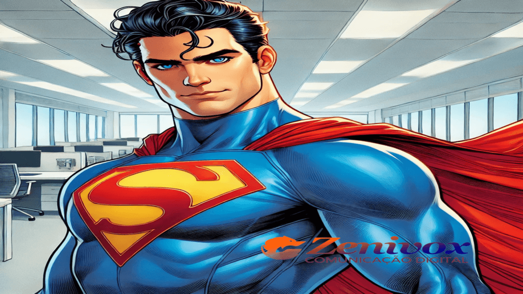 O super-homem em um escritório moderno, exibindo confiança e força com seu uniforme azul cobalto, capa vermelha e um escudo amarelo com um "S" vermelho no peito. A imagem simboliza a importância de uma identidade visual marcante e eficaz, transmitindo poder e propósito.