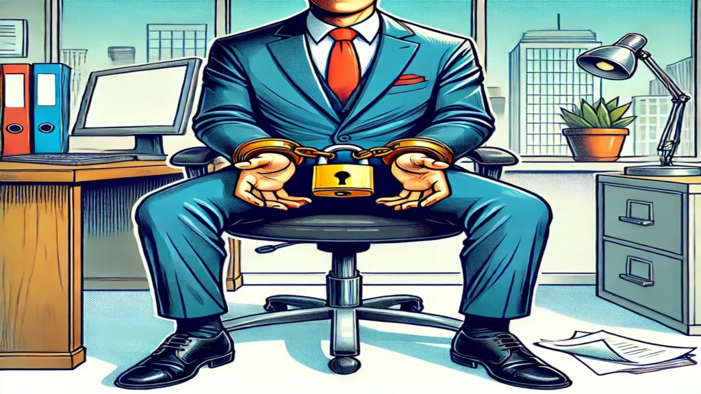 Homem de terno sentado em uma cadeira no escritório, com as mãos simbolicamente libertas de um cadeado quebrado, representando os desafios e superações ao implementar mudanças no processo comercial.