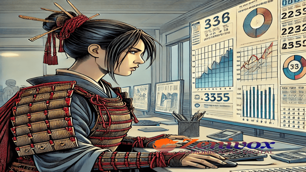 Ilustração de uma samurai em um escritório moderno, utilizando uma tela de computador grande para realizar cálculos de métricas importantes, incluindo gráficos e dados detalhados, representando disciplina e estratégia na análise de Receita Previsível.