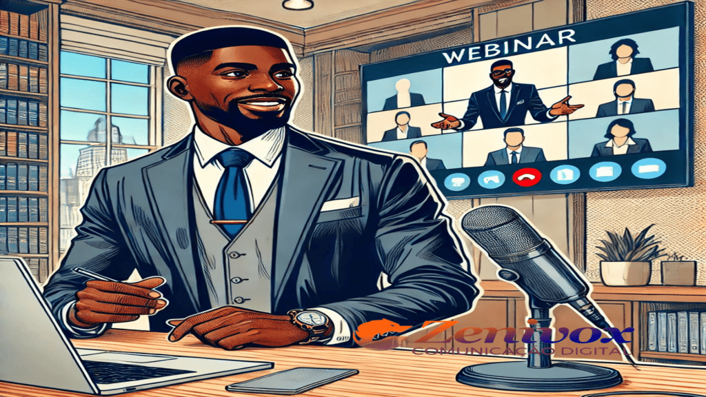Ilustração de um homem em trajes formais conduzindo um webinar, sentado em um ambiente profissional bem iluminado. Ele está usando um laptop e microfone, com uma tela ao fundo exibindo participantes do webinar, simbolizando interação e expertise.