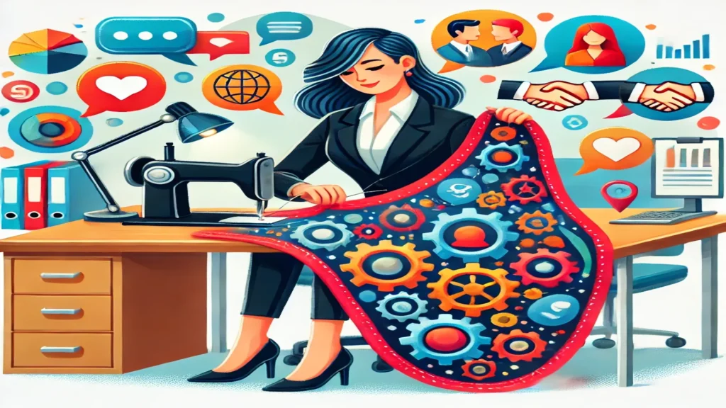 Ilustração cartunesca de uma mulher profissional costurando um tecido repleto de engrenagens e ícones de comunicação, simbolizando o engajamento e a comunicação nos processos comerciais. Ao fundo, elementos de escritório como pastas, gráficos e uma mesa com computador, destacam o ambiente corporativo e criativo.