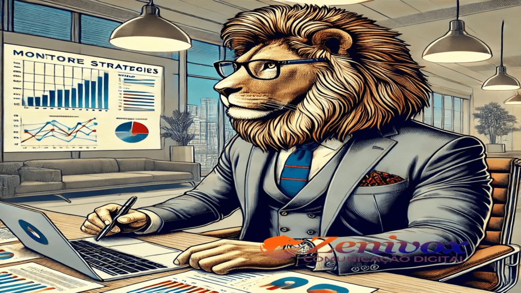 Ilustração de um leão de terno e gravata, usando óculos de grau, em um ambiente corporativo moderno, analisando gráficos e criando estratégias para monitorar e otimizar métricas de Receita Previsível. A cena destaca inteligência, liderança e planejamento estratégico.
