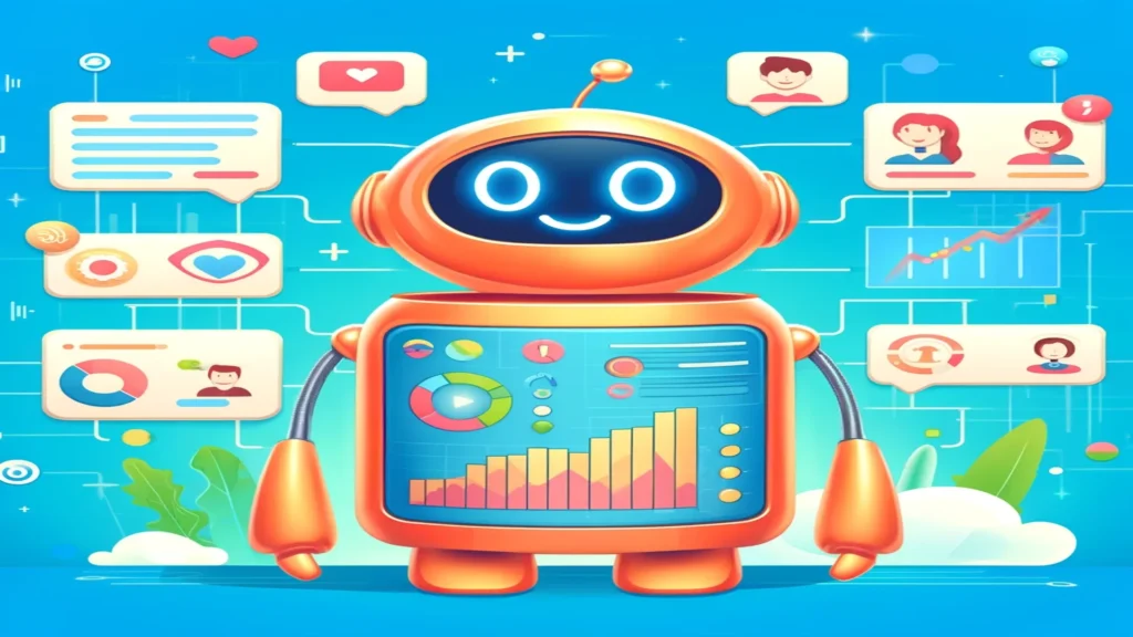 Ilustração cartunesca de um robô amigável com gráficos no peito, cercado por ícones de tarefas como contatos, e-mails e agendas, representando a automação de tarefas repetitivas em sistemas de CRM.