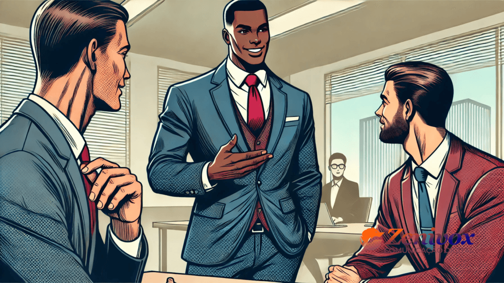 Representação de uma reunião entre equipes comerciais e outros departamentos, destacando a importância da comunicação eficaz para evitar problemas. Na imagem, profissionais bem vestidos interagem em um ambiente corporativo.