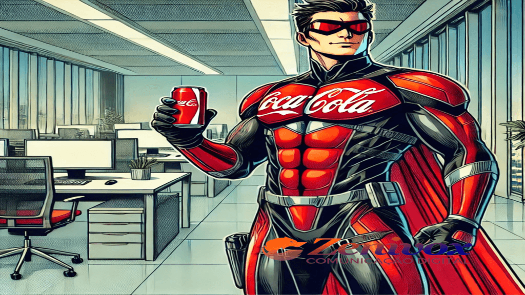 Um super-herói inspirado na Coca-Cola em um escritório moderno. Ele veste um traje vermelho com detalhes em preto e branco, com o logo da Coca-Cola destacado no peito. O herói segura uma lata de Coca-Cola em uma mão, enquanto exibe uma expressão confiante e carismática. O ambiente ao fundo possui mesas, cadeiras e computadores, reforçando o contraste entre o traje vibrante do herói e o tom neutro do escritório.