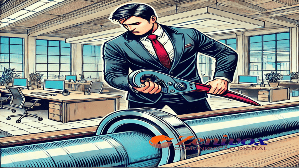 Empresário selando um cano médio em um escritório corporativo, representando a solução de gargalos nos processos comerciais. A imagem utiliza um estilo gráfico com contornos definidos, destacando tons de azul e vermelho em contraste com o fundo neutro e iluminado do ambiente.