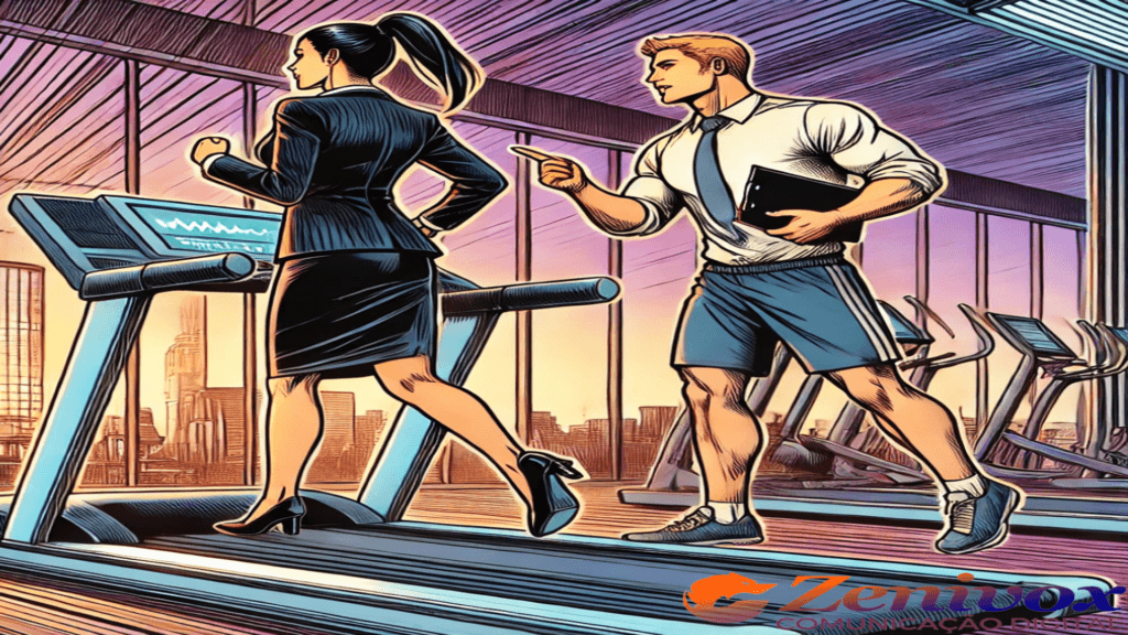 Ilustração em estilo de quadrinhos mostrando uma mulher de roupa social correndo em uma esteira, acompanhada por um personal trainer que está guiando-a. A imagem simboliza o SEO On-Page como o treinador do seu site, ajudando a melhorar o desempenho e resultados de escritórios de propriedade intelectual.
