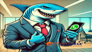 Tubarão cartunesco usa terno, com expressão confiante, segurança um celular exibindo o ícone do WhatsApp em um escritório moderno. A imagem destaca como vender mais no WhatsApp sendo um tubarão dos negócios.