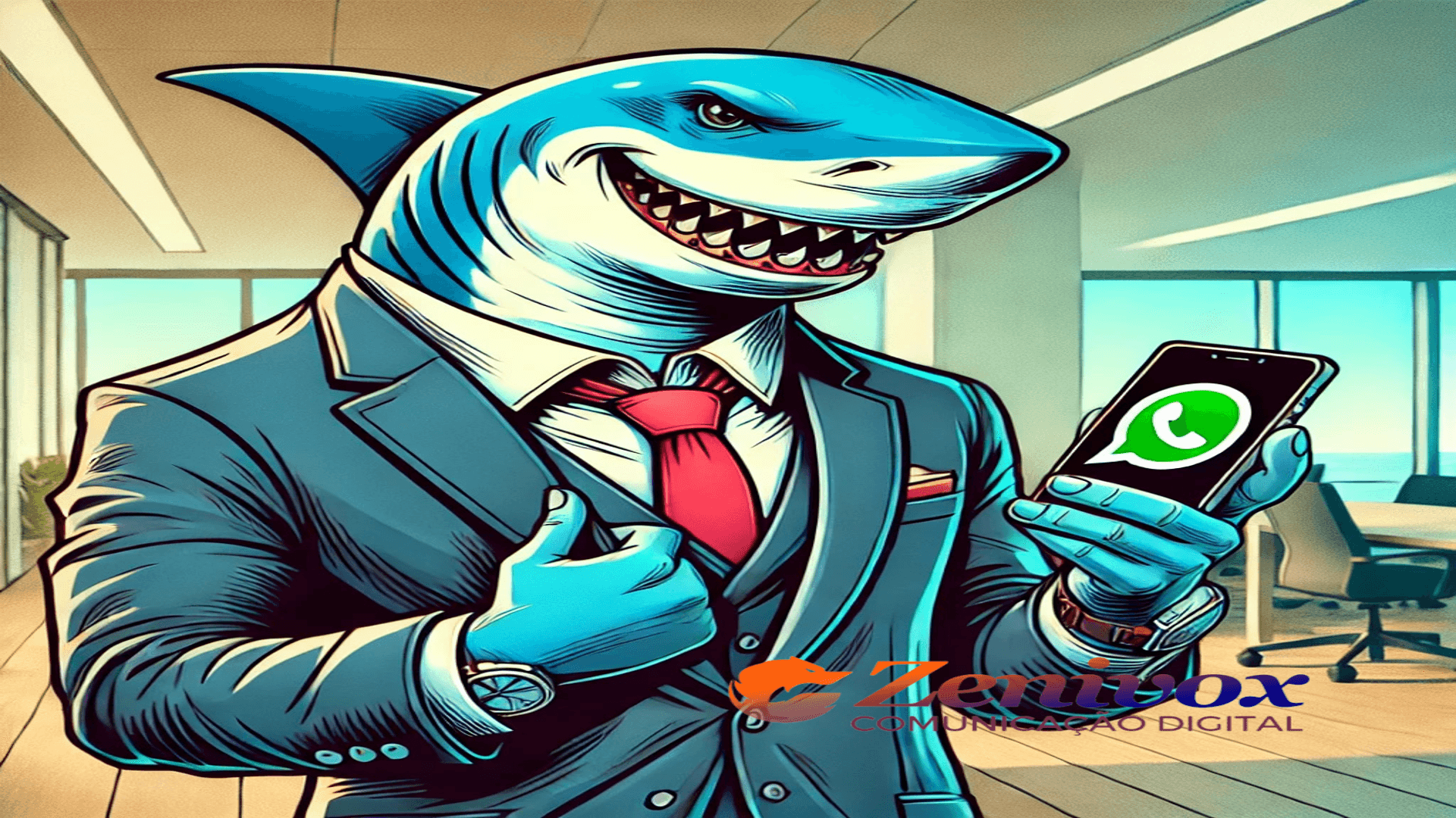 Tubarão cartunesco usa terno, com expressão confiante, segurança um celular exibindo o ícone do WhatsApp em um escritório moderno. A imagem destaca como vender mais no WhatsApp sendo um tubarão dos negócios.