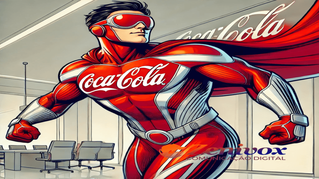 Um super-herói inspirado na Coca-Cola, destacando uma identidade visual vibrante e dinâmica. Ele veste uma roupa predominantemente vermelha com detalhes em branco que refletem os elementos icônicos da marca. O fundo do cenário é um escritório moderno e bem iluminado, reforçando a conexão entre inovação, estratégia e branding.