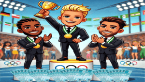 Ilustração animada de três personagens em um pódio, simbolizando conquistas e sucesso, com medalhas de ouro e notas de dinheiro espalhadas à frente. Simbolizando as empresas que sabem o que é SDR e como isso muda o jogo.