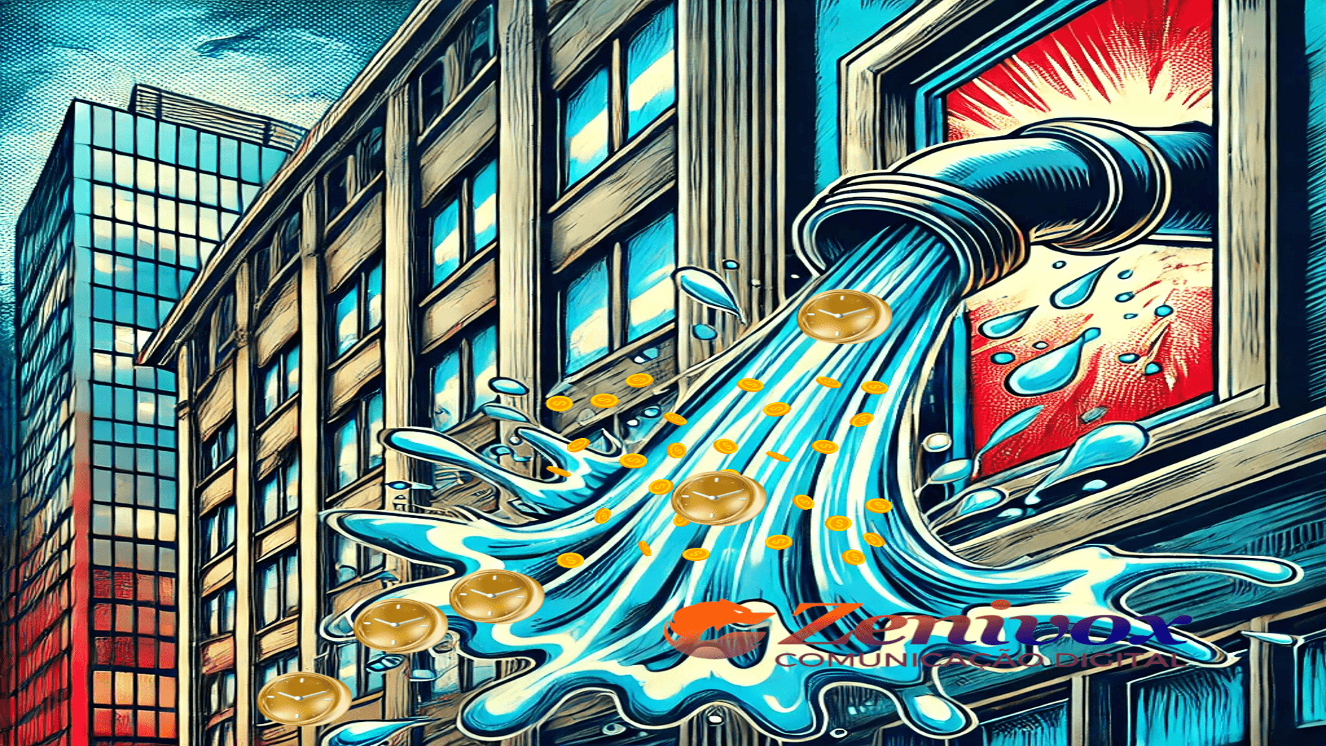 Imagem ilustrativa de um fluxo contínuo de água saindo de um grande cano em uma fachada de prédio, simbolizando desperdício ou descontrole. Ao longo do fluxo, moedas e relógios dourados representam perda de recursos financeiros e tempo devido a gargalos nos processos comerciais. A logomarca da Zenivox está posicionada no canto inferior direito, destacando sua especialidade em comunicação digital.