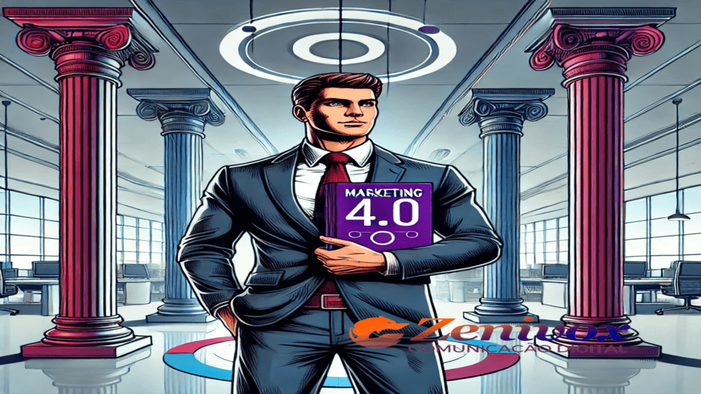 Homem em traje formal segurando o livro Marketing 4.0, rodeado por quatro pilares coloridos que simbolizam os fundamentos do marketing moderno. A imagem é em estilo gráfico marcante, com contornos definidos, predominando tons de azul e vermelho em contraste com um ambiente de escritório neutro e iluminado