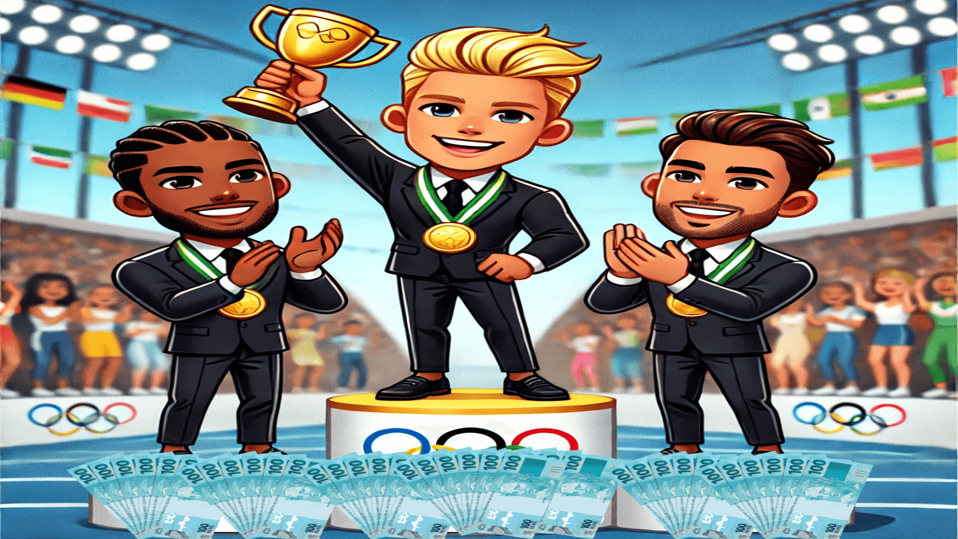 Ilustração animada de três personagens em um pódio, simbolizando conquistas e sucesso, com medalhas de ouro e notas de dinheiro espalhadas à frente. Simbolizando as empresas que sabem o que é SDR e como isso muda o jogo.