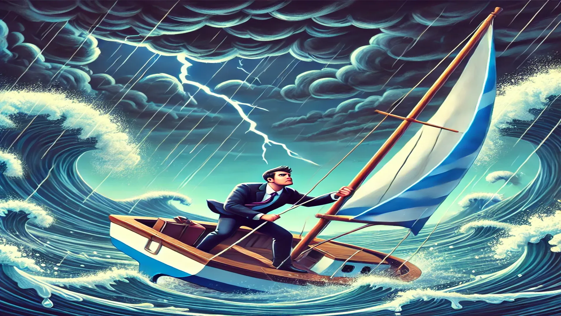 Homem de terno ajustando as velas de um barco em meio a uma tempestade, representando o desafio de atualizar processos comerciais em cenários adversos