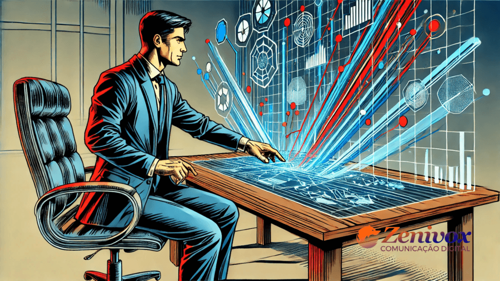Imagem conceitual de um profissional de negócios sentado em frente a uma mesa interativa que projeta gráficos tridimensionais e dados analíticos, simbolizando o mapeamento de processos comerciais. Linhas e gráficos coloridos emergem da mesa, representando a identificação de gargalos e pontos críticos para otimização dos processos.