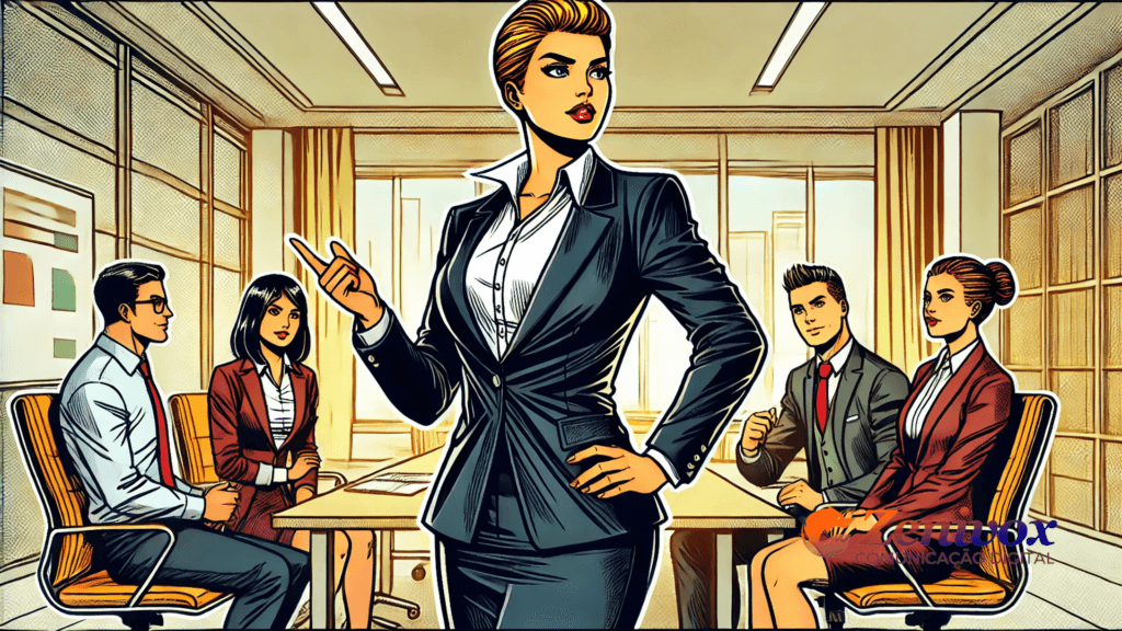 Imagem de uma líder de equipe de vendas em destaque, gesticulando com confiança em uma sala de reuniões. Ao fundo, membros da equipe de vendas estão sentados, ouvindo atentamente, simbolizando uma sessão de feedback para identificar e resolver gargalos nos processos comerciais. A logomarca da Zenivox aparece no canto inferior direito, reforçando seu apoio estratégico.