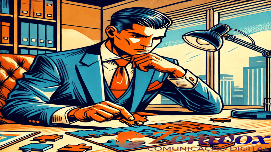 Ilustração de um homem de terno azul com gravata laranja, em um escritório, montando uma quebra-cabeça. A imagem simboliza a busca por esclarecer ao escolher entre assessoria de marketing vs agência de marketing. Sem saber exatamente o que cada serviço oferece, é como tentar montar um quebra-cabeça sem uma referência da imagem final, o que pode levar a escolhas convidativas.