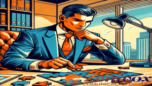 Ilustração de um homem de terno azul com gravata laranja, em um escritório, montando uma quebra-cabeça. A imagem simboliza a busca por esclarecer ao escolher entre assessoria de marketing vs agência de marketing. Sem saber exatamente o que cada serviço oferece, é como tentar montar um quebra-cabeça sem uma referência da imagem final, o que pode levar a escolhas convidativas.