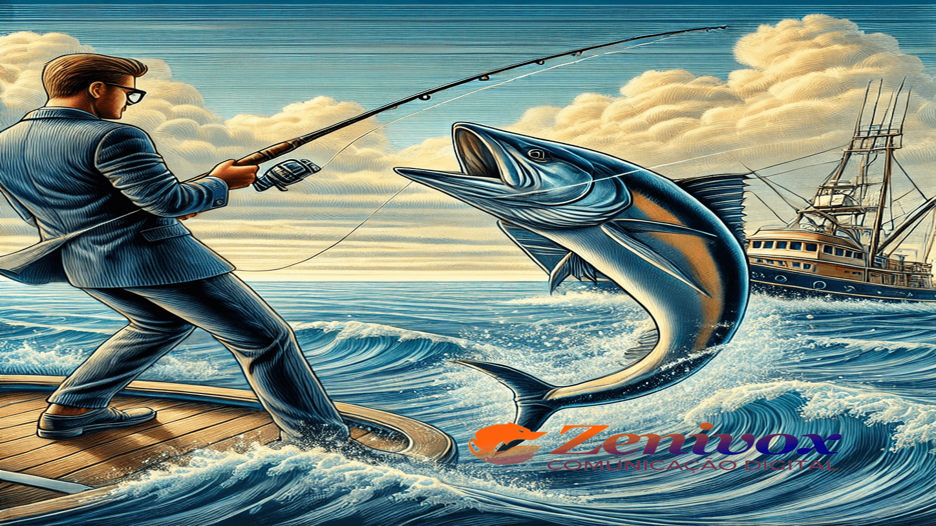 Um homem de terno está em um barco de pesca, segurando uma vara enquanto fisga um grande peixe. Ao fundo, um barco maior aparece no horizonte, com céu azul e nuvens brancas. O logo da Zenivox está sobreposto na parte inferior direita da imagem. Simbolizando como a Venda pelas redes sociais é como a pesca personalizada!