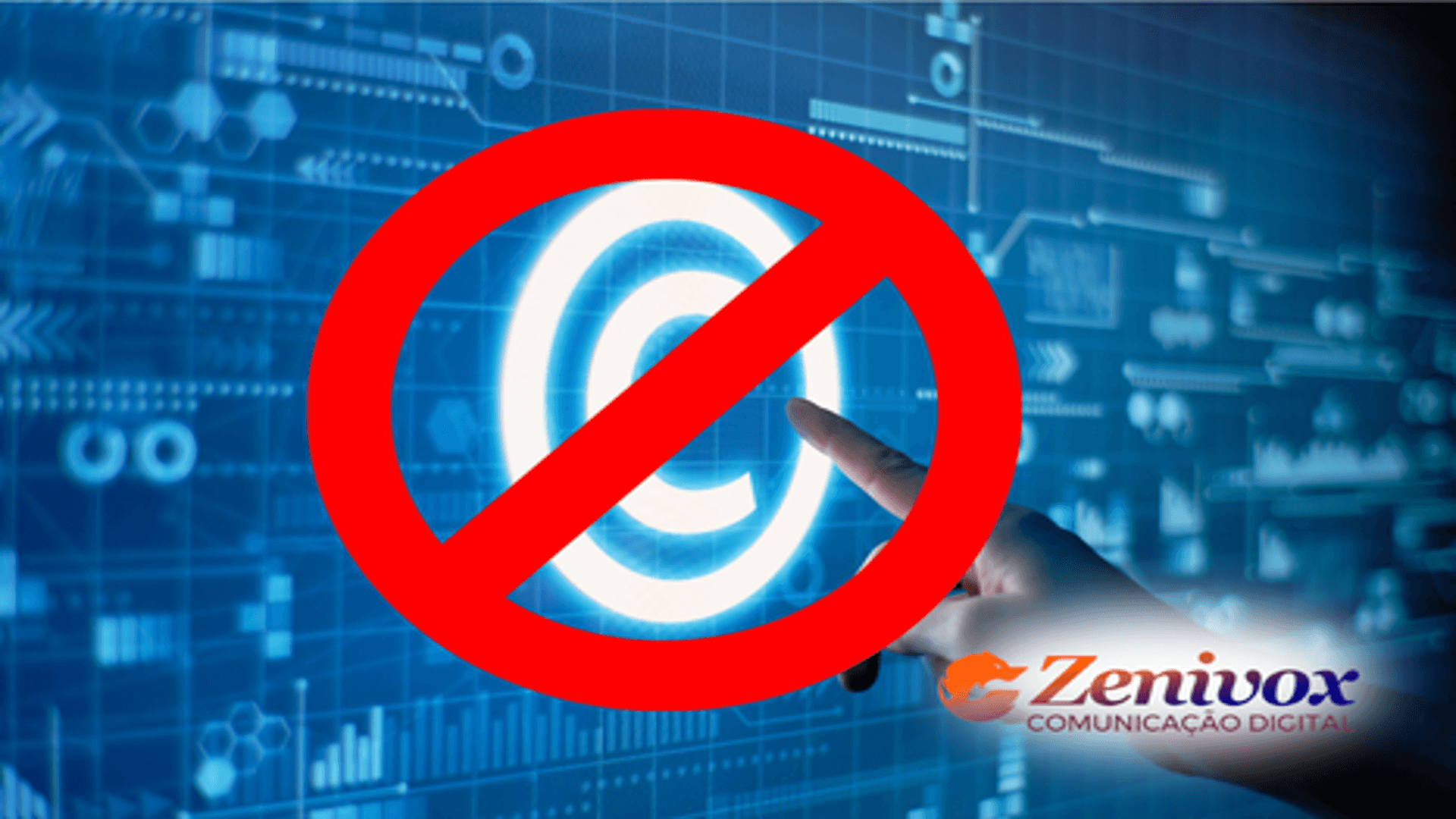 "Imagem ilustrativa representando um símbolo de copyright em um fundo digital tecnológico, marcado por um grande sinal de proibido em vermelho, indicando erros no marketing de propriedade intelectual. Inclui o logotipo da Zenivox no canto inferior direito, associado a serviços de comunicação digital ."