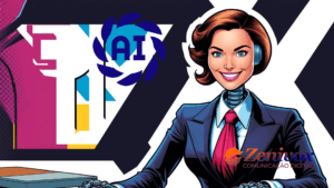 Secretária android humanoide sorrindo, representando chatbot, com aparência amigável e traços robóticos, simbolizando como usar chatbots para melhorar o atendimento ao cliente.