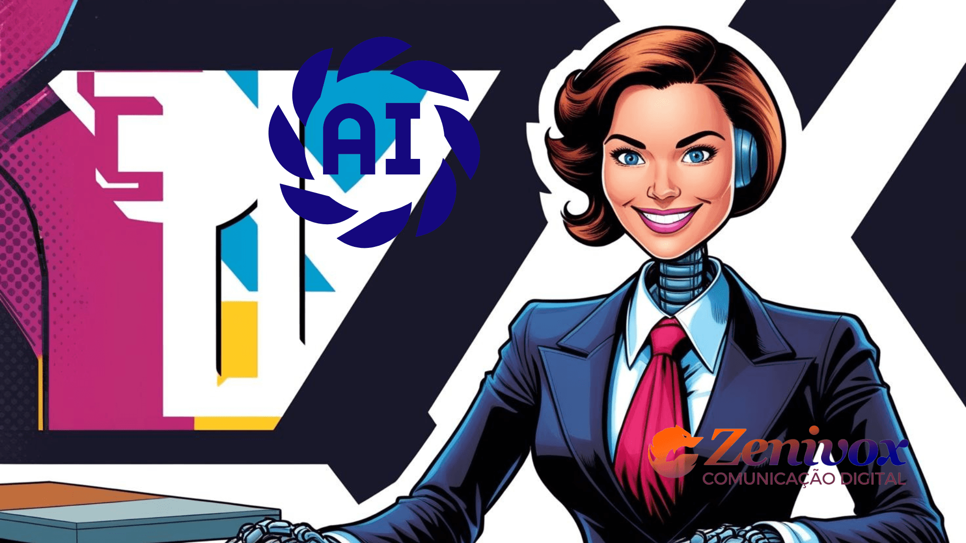 Secretária android humanoide sorrindo, representando chatbot, com aparência amigável e traços robóticos, simbolizando como usar chatbots para melhorar o atendimento ao cliente.