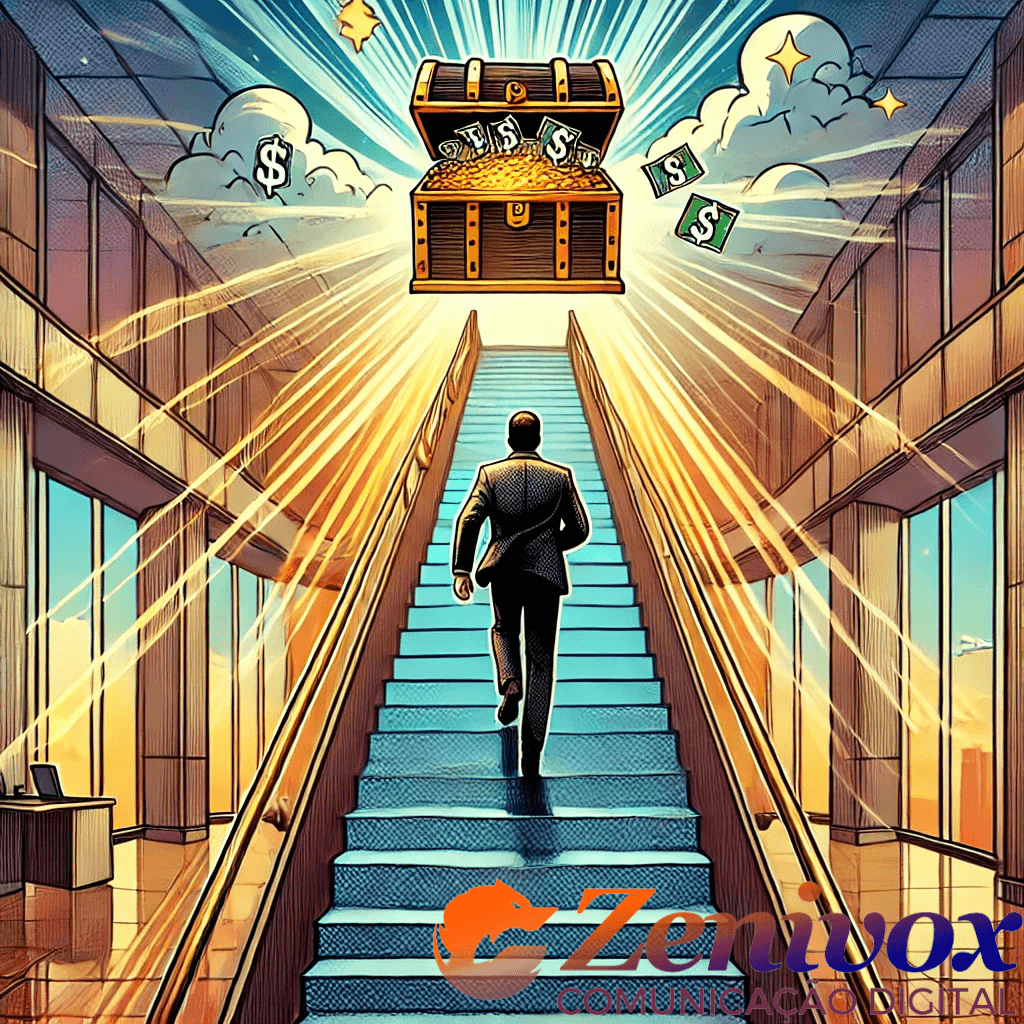 Homem subindo uma longa escadaria que culmina em um baú dourado repleto de dinheiro, representando o sucesso financeiro. A cena possui um design vibrante em tons de azul, laranja e roxo, com detalhes que remetem à ambição e conquista em um ambiente corporativo.