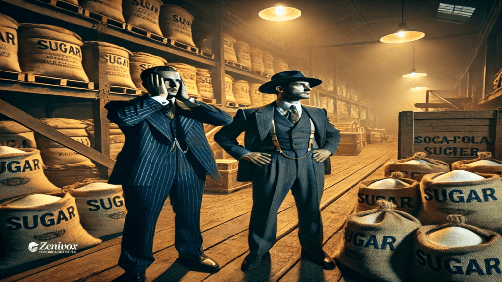 Dois homens vestidos com trajes formais dos anos 1920 estão em um armazém cheio de sacos de açúcar, simbolizando o peso da matéria-prima no cenário de negócios. Um deles parece estressado, com as mãos na cabeça, enquanto o outro exibe uma postura confiante, representando abordagens diferentes de como lidar com a concorrência no empreendedorismo.