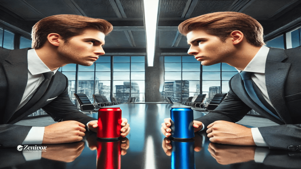 Duas figuras masculinas, ambas bem vestidas em ternos formais, sentam-se frente a frente em uma sala de reuniões iluminada, segurando latas de refrigerante da Coca-Cola e Pepsi, simbolizando como lidar com a concorrência no empreendedorismo. O logotipo da Zenivox Comunicação Digital aparece discretamente na parte inferior da imagem.
