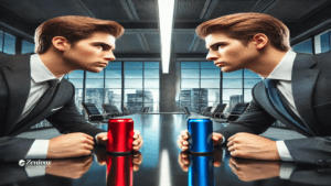 Duas figuras masculinas, ambas bem vestidas em ternos formais, sentam-se frente a frente em uma sala de reuniões iluminada, segurando latas de refrigerante da Coca-Cola e Pepsi, simbolizando como lidar com a concorrência no empreendedorismo. O logotipo da Zenivox Comunicação Digital aparece discretamente na parte inferior da imagem.