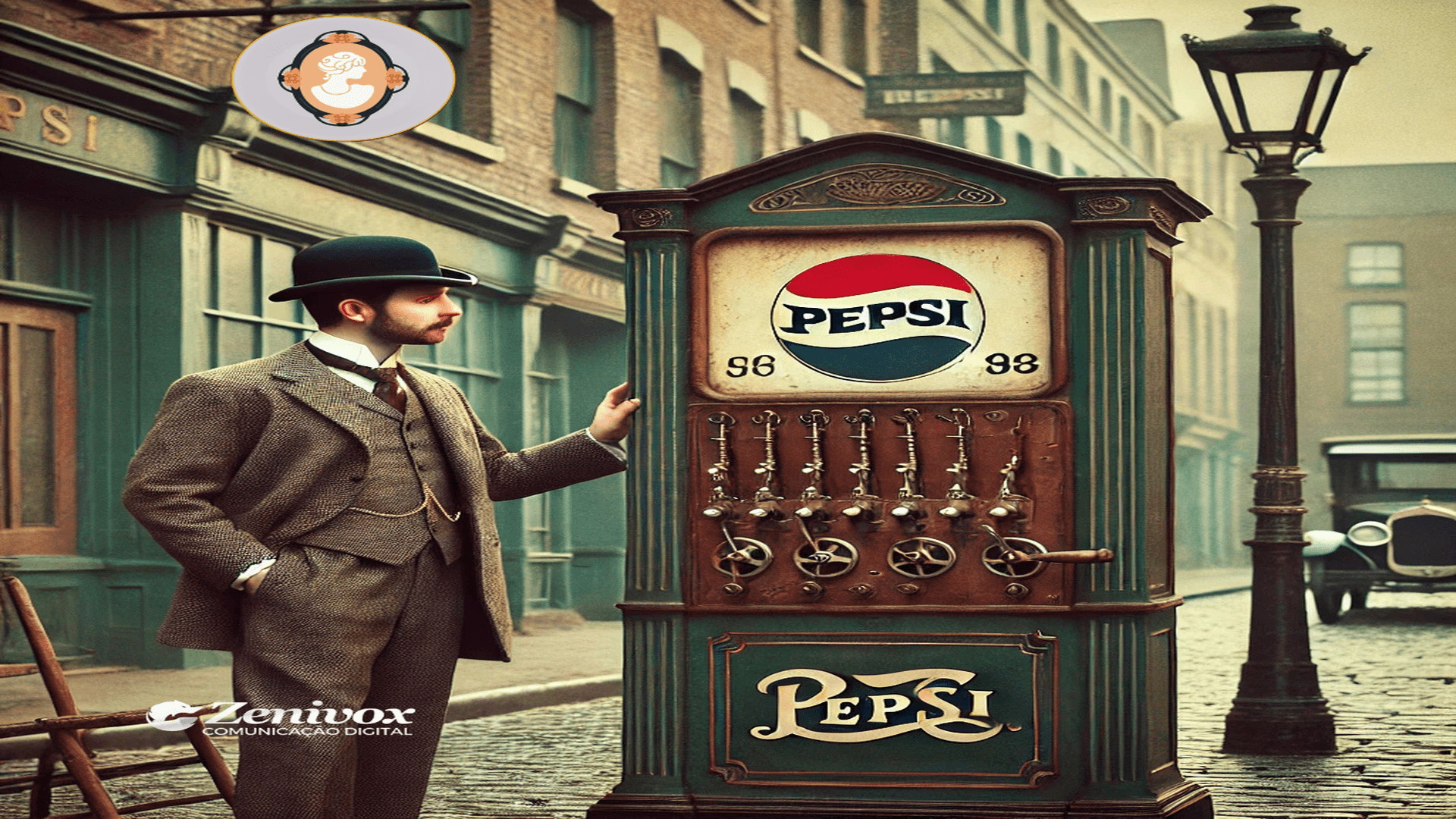 Um homem elegante, com traje típico do início do século XX, observa atentamente uma antiga máquina de vendas da Pepsi, localizada em uma rua clássica de época, com iluminação de postes históricos e um carro vintage ao fundo. Simbolizando como virar um empresário de sucesso.