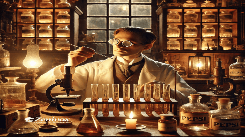 Um farmacêutico do final do século XIX, usando jaleco branco, realiza experimentos com tubos de ensaio em um laboratório vintage iluminado por lâmpadas a óleo. No ambiente, frascos e garrafas etiquetados com 'Pepsi' destacam-se, remetendo à origem da Pepsi-Cola.