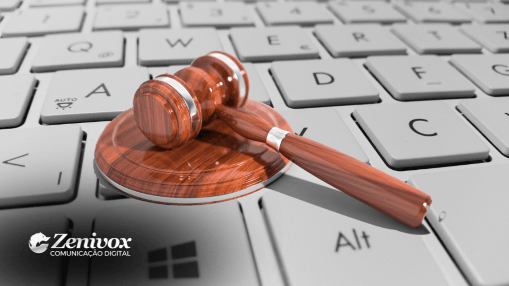 Uma imagem que mostra um martelo de juiz em cima de um teclado de computador, como gerenciar sua reputação online. A imagem é acompanhada do logotipo da Zenivox Comunicação Digital, refletindo a conexão entre a área jurídica e o marketing digital.