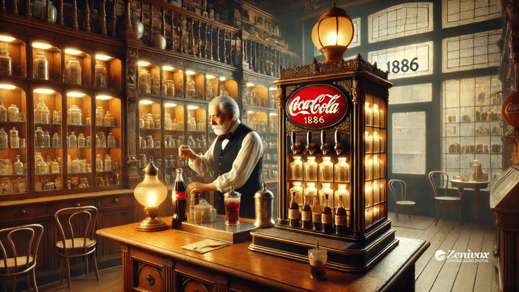 Um retrato nostálgico da jornada empreendedora da Coca-Cola. Um homem de aparência clássica, com cabelos grisalhos e bigode, trabalha em um balcão de madeira em um ambiente que remete ao século XIX, cercado por estantes cheias de garrafas e frascos de vidro. No centro, um dispensador iluminado com o logotipo clássico da Coca-Cola, destacando o ano de 1886. Simbolizando o que é ser um Empreendedor: Lições do Império da Coca-Cola.