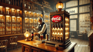 Um retrato nostálgico da jornada empreendedora da Coca-Cola. Um homem de aparência clássica, com cabelos grisalhos e bigode, trabalha em um balcão de madeira em um ambiente que remete ao século XIX, cercado por estantes cheias de garrafas e frascos de vidro. No centro, um dispensador iluminado com o logotipo clássico da Coca-Cola, destacando o ano de 1886. Simbolizando o que é ser um Empreendedor: Lições do Império da Coca-Cola.