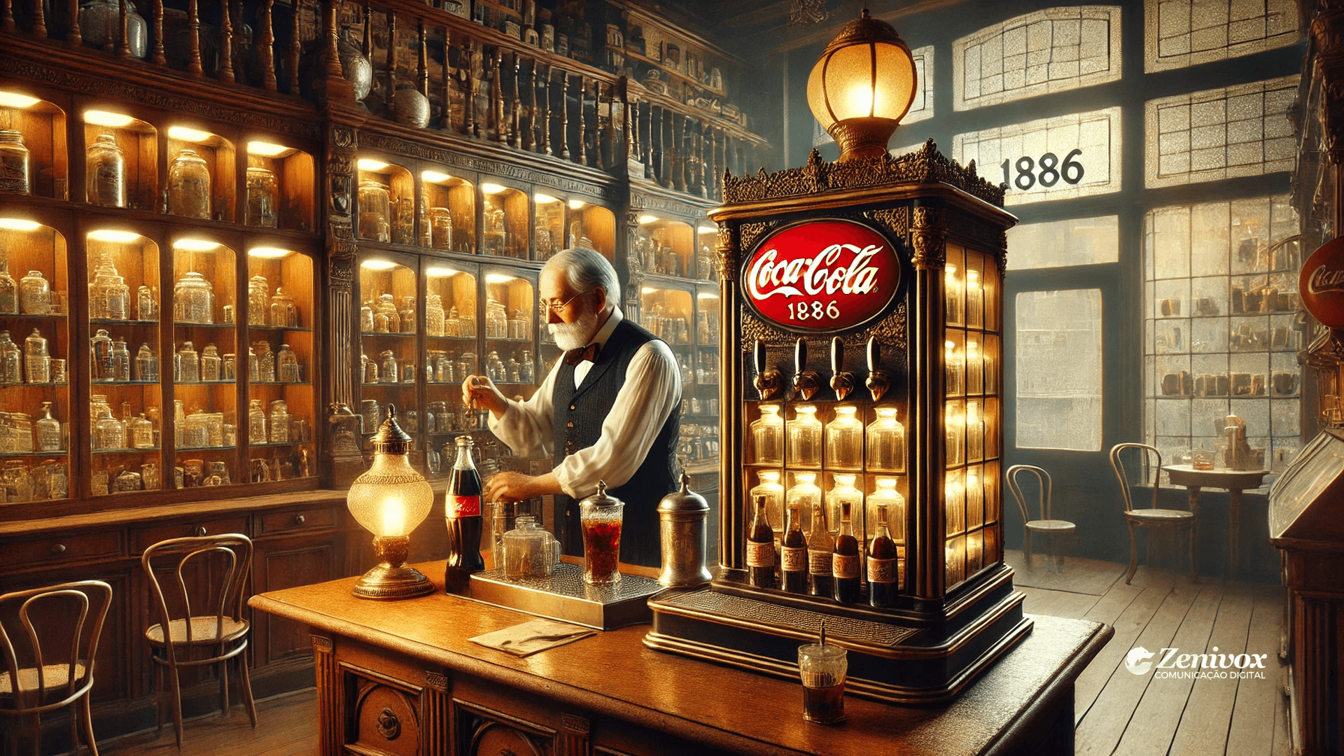 Um retrato nostálgico da jornada empreendedora da Coca-Cola. Um homem de aparência clássica, com cabelos grisalhos e bigode, trabalha em um balcão de madeira em um ambiente que remete ao século XIX, cercado por estantes cheias de garrafas e frascos de vidro. No centro, um dispensador iluminado com o logotipo clássico da Coca-Cola, destacando o ano de 1886. Simbolizando o que é ser um Empreendedor: Lições do Império da Coca-Cola.