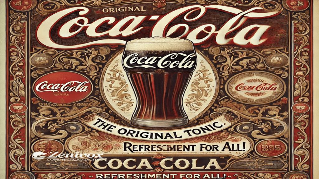 Um cartaz vintage com design ornamentado celebra a história da Coca-Cola. No centro, um copo de vidro clássico cheio da bebida é destacado, com o logotipo da marca em branco. Ao redor, um fundo decorativo com detalhes dourados e vermelhos evoca o charme e a tradição do final do século XIX, época em que a Coca-Cola foi criada. Elementos textuais, como "The Original Tonic" e "Refreshment for All!", ressaltam o pioneirismo e o apelo universal da marca.