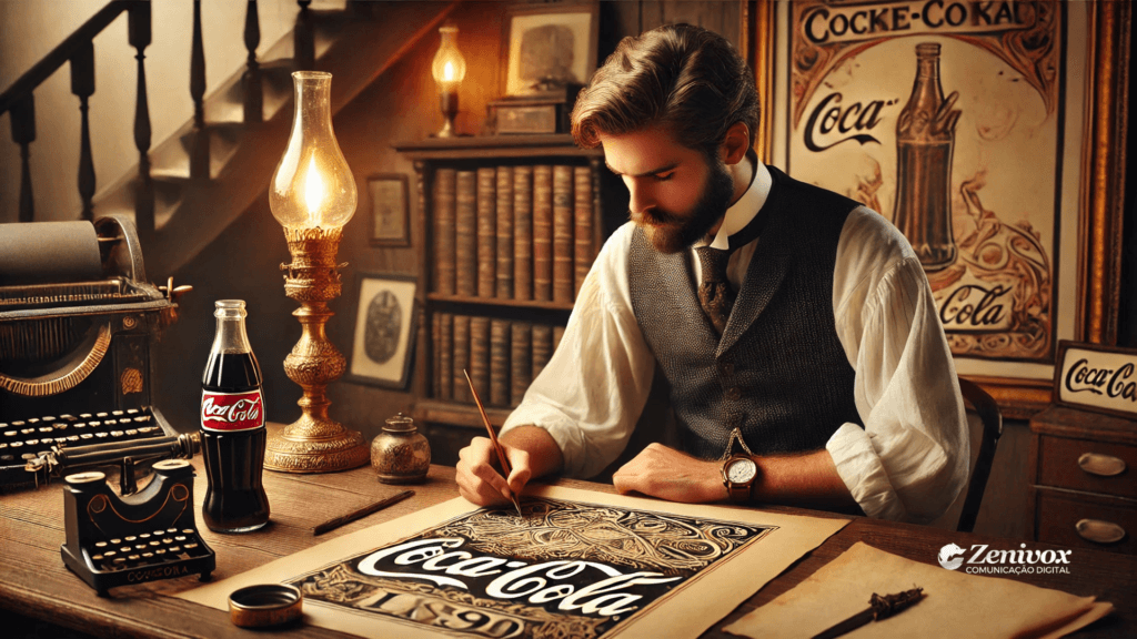 Um homem elegante e concentrado trabalhado em uma ilustração detalhada do logotipo da Coca-Cola em um ambiente clássico e vintage. Ele está sentado em uma mesa de madeira cercada por objetos históricos, como uma máquina de escrever, uma lâmpada a óleo e livros antigos, enquanto uma garrafa de Coca-Cola é exibida ao lado. Simbolizando o que é ser um Empreendedor.