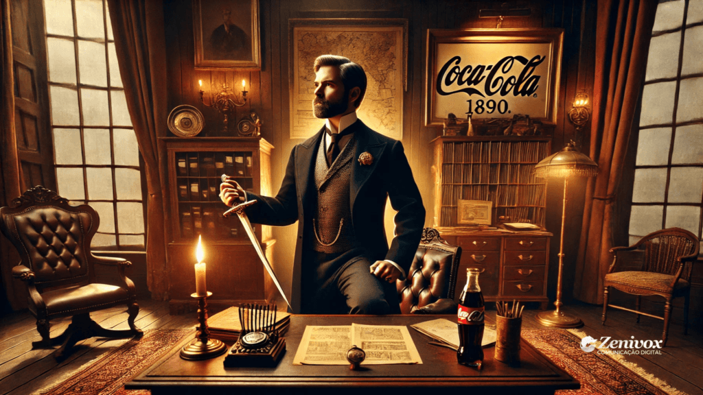 Um empresário elegantemente vestido, simbolizando confiança e liderança, está em um escritório vintage, rodeado por móveis de madeira clássicos e objetos históricos, como uma espada, uma garrafa de Coca-Cola e documentos antigos. Ao fundo, o logotipo "Coca-Cola 1890" reforça a ideia de tradição e sucesso. A iluminação suave destaca a atmosfera de determinação e visão empreendedora.
