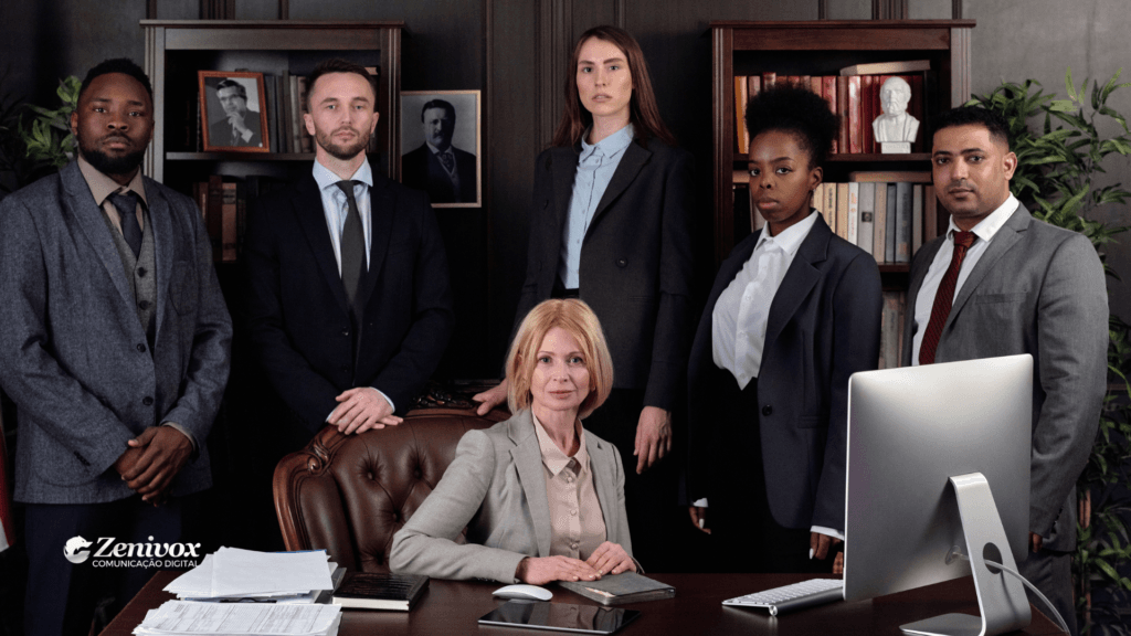 Um grupo de profissionais jurídicos reunidos em um ambiente corporativo, com uma mulher no centro simbolizando liderança e autoridade, representando o conceito de branding jurídico e como transformá-lo em uma referência no mercado.