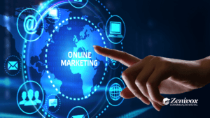 Imagem representando o Flywheel Marketing com um globo digital no centro. Elementos de comunicação, como ícones de e-mail, pessoas e dispositivos, estão conectados ao redor do globo. Uma mão toca o globo com a inscrição 'Online Marketing' destacada. Logo da Zenivox Comunicação Digital está presente no canto inferior direito, representando autoridade nos segmentos de marketing digital.