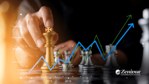 Imagem mostrando uma peça de xadrez dourado sendo movida em um tabuleiro, com gráficos de linha ascendentes e anos marcados de 2017 a 2021. Os gráficos representam crescimento e estratégias de gestão bem-sucedidas. O logotipo da Zenivox Comunicação Digital aparece no canto inferior direito.