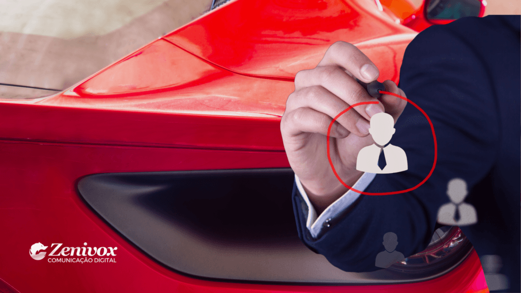 Imagem que combina elementos de marketing e exclusividade, destacando um carro esportivo vermelho com foco em seu design sofisticado. No primeiro plano, uma mão de pessoa com vestimenta formal desenha um círculo ao redor de um ícone representando um cliente, simbolizando o conceito de segmentação de mercado. No canto inferior esquerdo, o logotipo da Zenivox Comunicação Digital está presente.