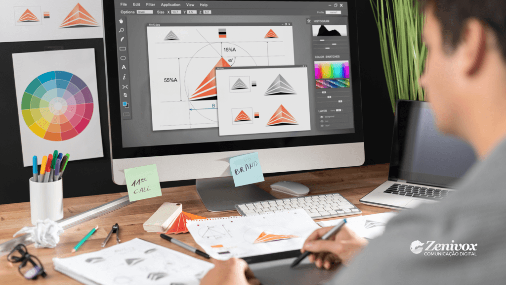 Um designer trabalhando em um computador, criando elementos de identidade visual, com logotipos, paletas de cores e layouts exibidos na tela e sobre a mesa. A imagem representa o processo criativo de desenvolvimento de identidade visual para marcas.
