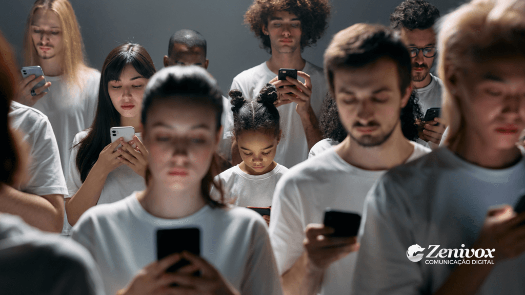 Grupo de pessoas de diferentes idades e etnias, vestindo camisetas brancas, usando smartphones. A iluminação suave destaca o foco individual de cada pessoa em seus dispositivos, simbolizando o engajamento digital. A logo da Zenivox Comunicação Digital está posicionada no canto inferior direito, representando a autoridade no processo de condução de leads até a conversão.