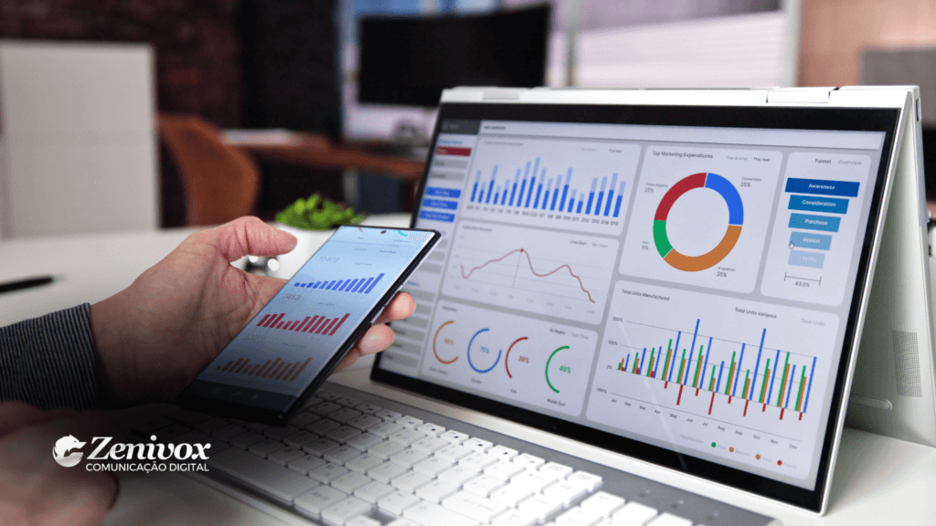 Imagem mostrando um profissional segurando um smartphone com gráficos de desempenho e utilizando um laptop com uma tela exibindo dashboards e indicadores de desempenho (KPIs). Os gráficos incluem barras, linhas e um gráfico de pizza, representando análise de dados e acompanhamento de métricas de negócios. O logo da Zenivox Comunicação Digital está localizado no canto inferior esquerdo.