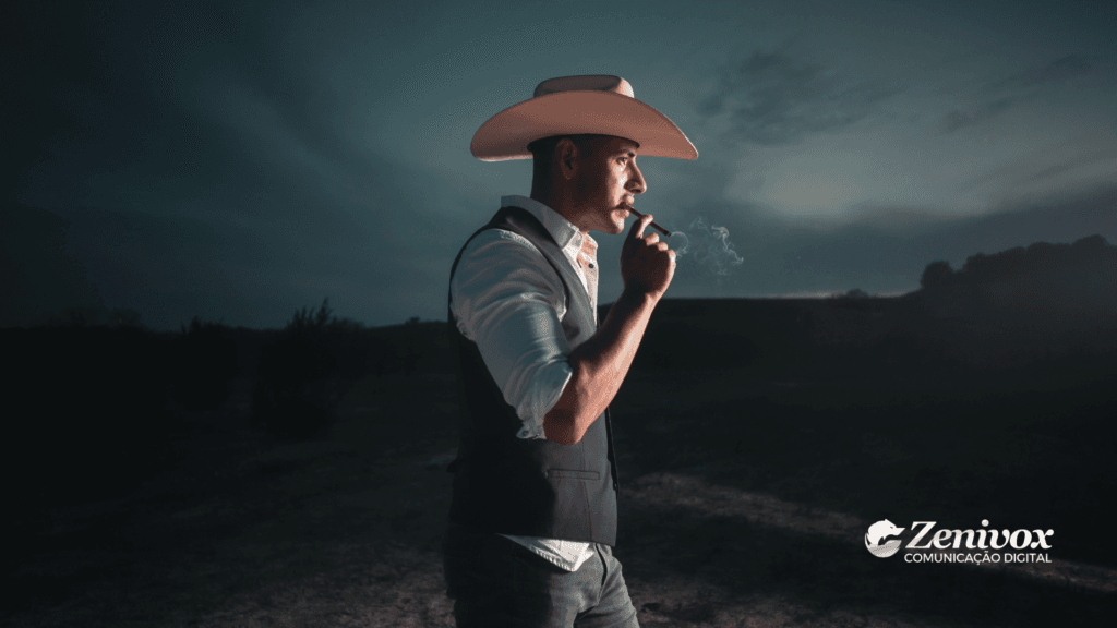 Homem com chapéu de cowboy, colete e camisa branca, fumou um cigarro sob um céu escuro, evocando um estilo rústico e independente. A imagem representa um exemplo de direcionamento psicográfico no marketing direcionado , associando a marca a valores de liberdade e masculinidade robusta.