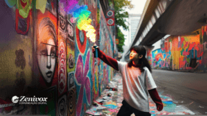 Uma jovem em um cenário urbano, segurando uma lata de spray que emite uma nuvem de fumaça colorida. Ao redor, há um muro repleto de grafites artísticos e vibrantes, transmitindo energia, inovação e impacto visual. Essa cena reflete a essência do marketing de guerrilha, uma estratégia focada em surpreender o público através de criatividade e intervenções inesperadas.