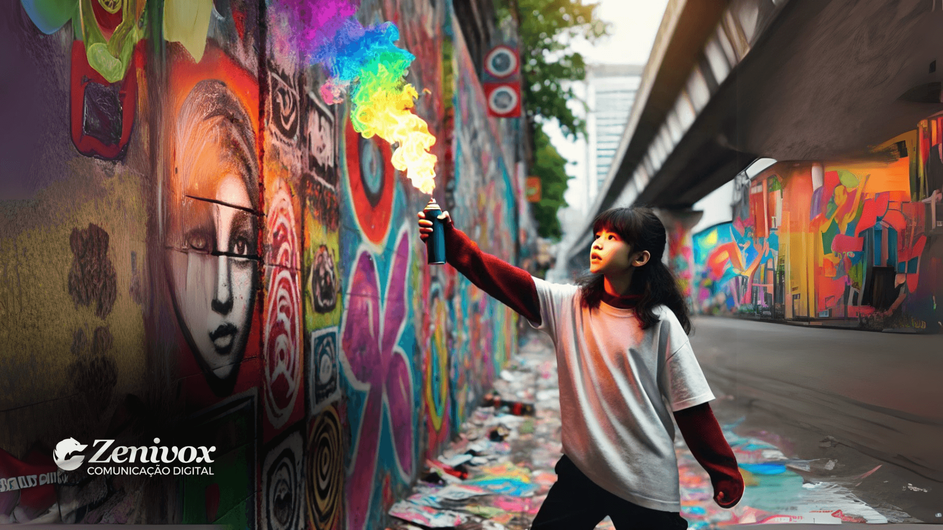 Uma jovem em um cenário urbano, segurando uma lata de spray que emite uma nuvem de fumaça colorida. Ao redor, há um muro repleto de grafites artísticos e vibrantes, transmitindo energia, inovação e impacto visual. Essa cena reflete a essência do marketing de guerrilha, uma estratégia focada em surpreender o público através de criatividade e intervenções inesperadas.